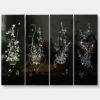 Set of four Vietnamese lacquer art panels titled "Ornamental Blossoms," featuring intricate mother of pearl inlay with floral arrangements on a dark lacquer background. Each panel measures 40x120 cm.