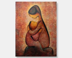 Vietnamese Lacquer painting titled "Mother and Child Embrace" by Vietnamese artist BeKy, created in 1984, depicting a mother holding her child.