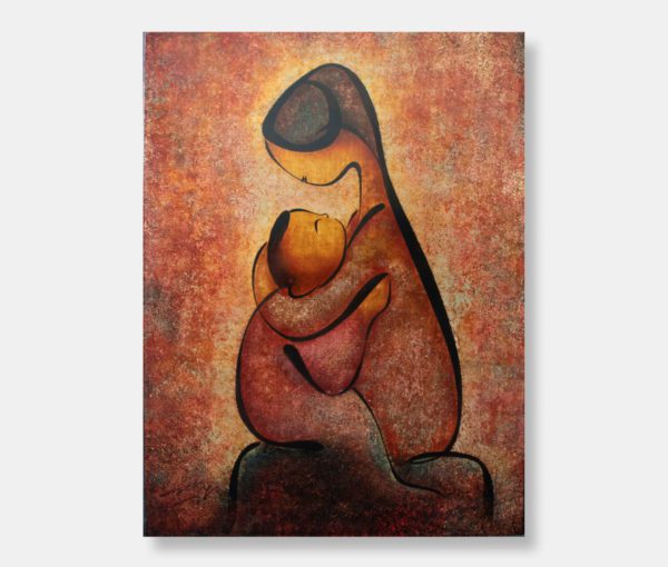 Vietnamese Lacquer painting titled "Mother and Child Embrace" by Vietnamese artist BeKy, created in 1984, depicting a mother holding her child.