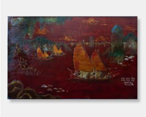 Lacquer painting by Thanh Le, depicting traditional Vietnamese boats on tranquil waterways with lush landscapes and limestone formations, signed and inscribed with historical references, 50x79 cm.