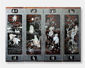 Four-panel mother of pearl vietnamese landscape lacquer painting depicting scenes of rural Vietnamese life including farming, fishing, and family activities, measuring 160x120 cm.