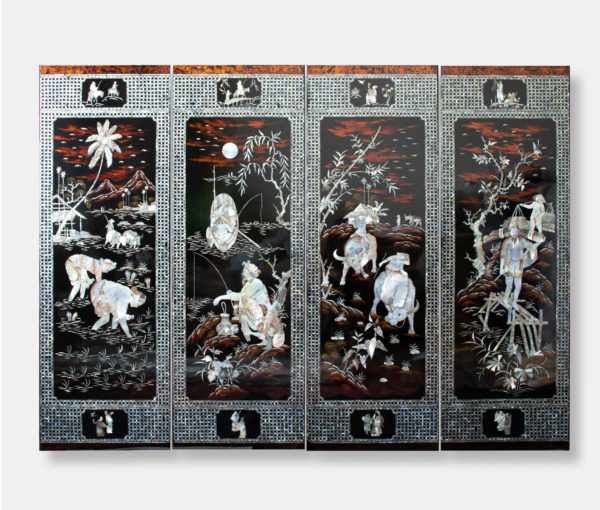 Four-panel mother of pearl vietnamese landscape lacquer painting depicting scenes of rural Vietnamese life including farming, fishing, and family activities, measuring 160x120 cm.