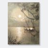 Vietnamese lacquer artwork titled "Tranquil Moonlit Lake," featuring a serene moonlit lake scene with a solitary boat, framed by delicate tree branches, on a wood panel.