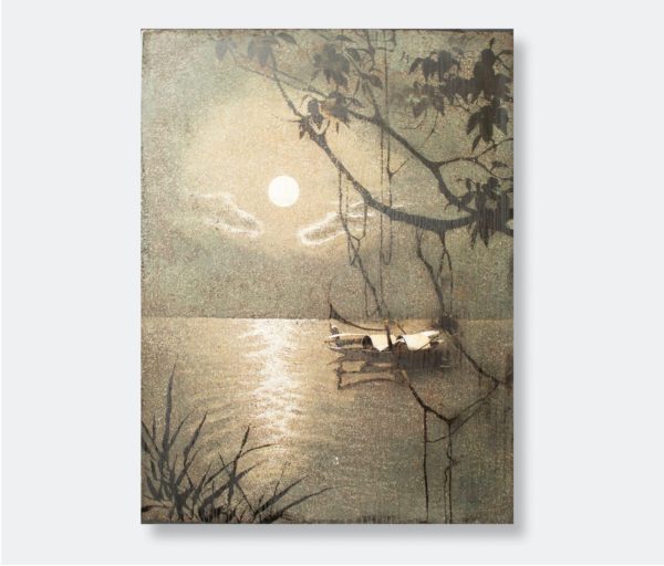 Vietnamese lacquer artwork titled "Tranquil Moonlit Lake," featuring a serene moonlit lake scene with a solitary boat, framed by delicate tree branches, on a wood panel.