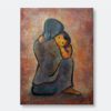 Lacquer art painting titled "Mother and Child Embrace" by Vietnamese artist BeKy, measuring 60x80 cm, created in 1984. The painting features a mother lovingly embracing her child against a textured background of rich, earthy tones.