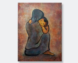 Lacquer art painting titled "Mother and Child Embrace" by Vietnamese artist BeKy, measuring 60x80 cm, created in 1984. The painting features a mother lovingly embracing her child against a textured background of rich, earthy tones.