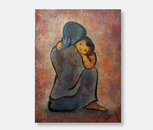 Lacquer art painting titled "Mother and Child Embrace" by Vietnamese artist BeKy, measuring 60x80 cm, created in 1984. The painting features a mother lovingly embracing her child against a textured background of rich, earthy tones.