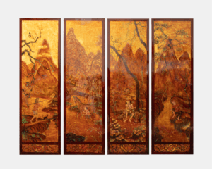 Four Vietnamese lacquer panels titled "Pastoral Life in Golden Hues," featuring detailed scenes of traditional rural life with warm golden tones, depicting a tranquil landscape with figures, mountains, and water buffalo.