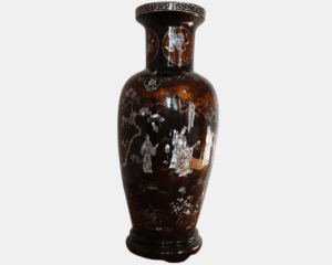 Traditional Vietnamese lacquer vase depicting a group of women playing musical instruments while a notable man watches them.