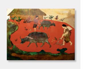 Traditional Vietnamese lacquer painting titled "Rural Harmony," depicting a farmer with a water buffalo, his wife carrying a child, chickens, and a thatched-roof hut on a vibrant red background.