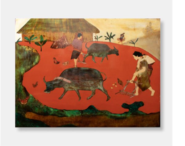 Traditional Vietnamese lacquer painting titled "Rural Harmony," depicting a farmer with a water buffalo, his wife carrying a child, chickens, and a thatched-roof hut on a vibrant red background.