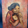 Vietnamese lacquer painting titled "Grandma's Warm Embrace," featuring a grandmother lovingly embracing her grandchild, signed by BeKy