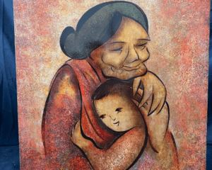 Vietnamese lacquer painting titled "Grandma's Warm Embrace," featuring a grandmother lovingly embracing her grandchild, signed by BeKy