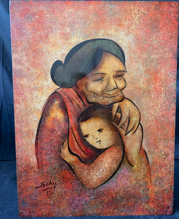 Vietnamese lacquer painting titled "Grandma's Warm Embrace," featuring a grandmother lovingly embracing her grandchild, signed by BeKy